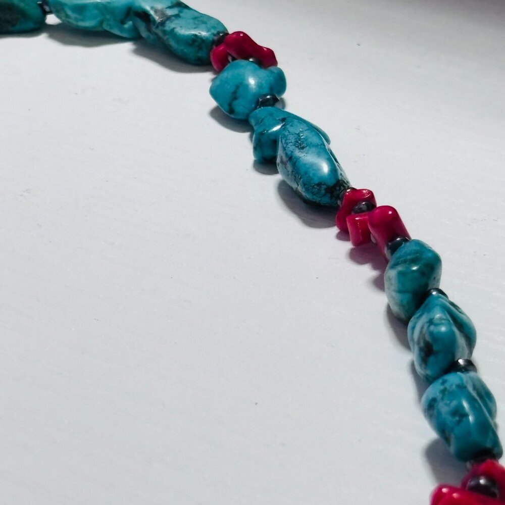 Turquoise Style & Coral Color Necklace 18” Chunky Southwestern Boho - Picture 6 of 11